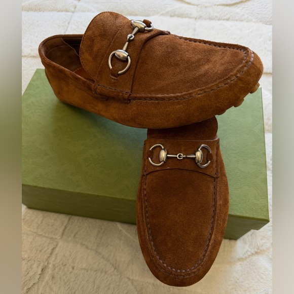 NEW! $1000 Gucci Horse-bit Brown Suede Leather Driving Loafers 9.5